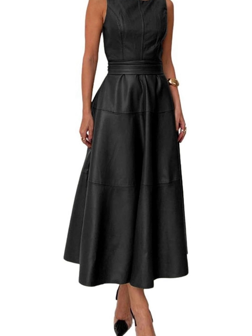 Black Faux Leather Sleeveless Midi Dress with Waist Tie - Picture 3 of 8